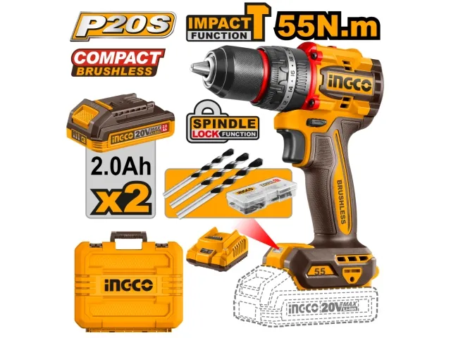 Ingco ATORNILLADOR PERCUTOR COMPACT A BATERIA 20V P20S 55NM CON 2X2AH BAT VALIJA Y MECHAS INGCO CIDLI20558